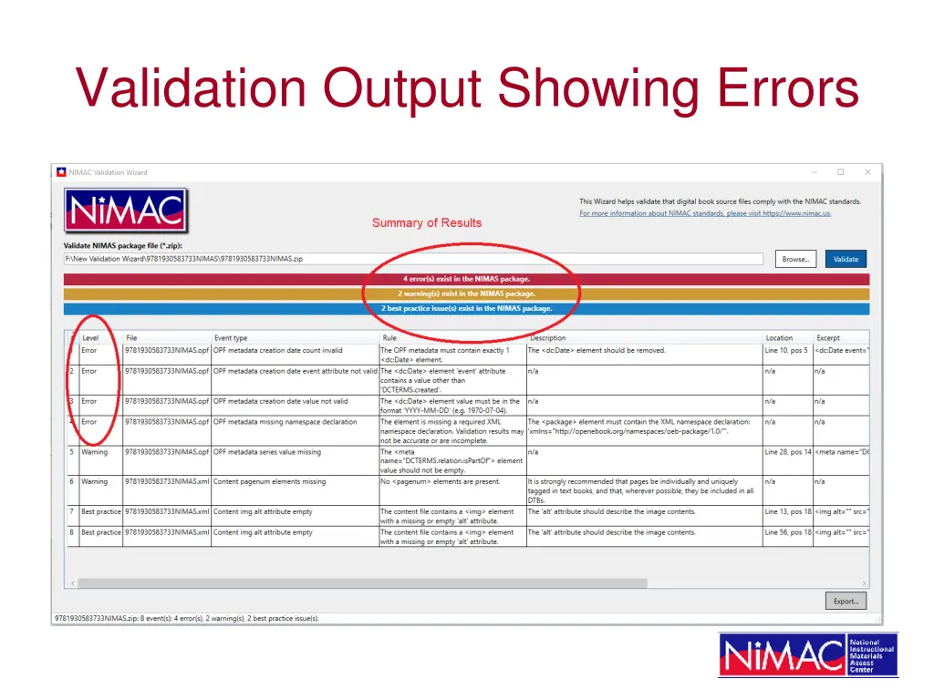 validation output showing errors