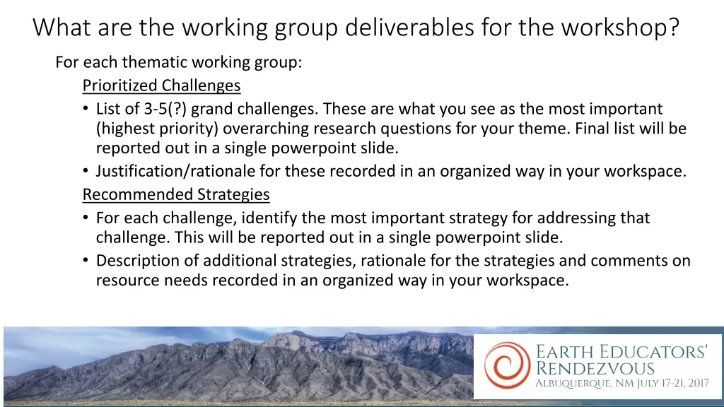 what are the working group deliverables