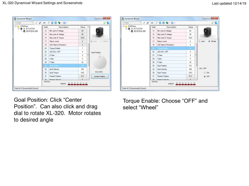 xl 320 dynamixel wizard settings and screenshots 1