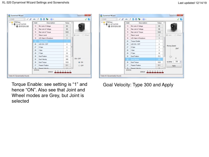 xl 320 dynamixel wizard settings and screenshots