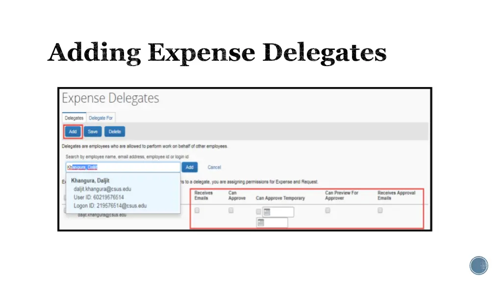 adding expense delegates