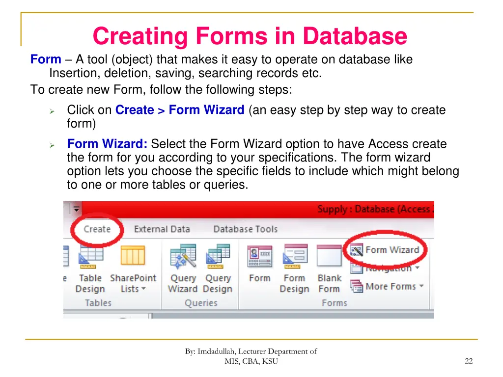 creating forms in database form a tool object