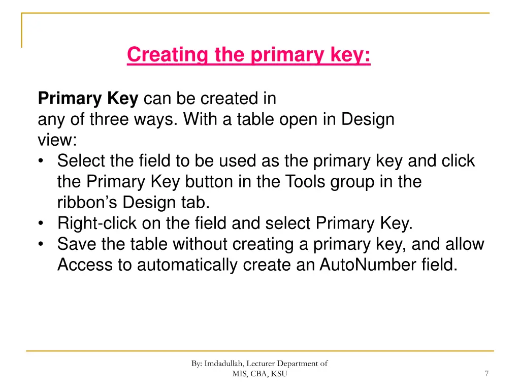 creating the primary key