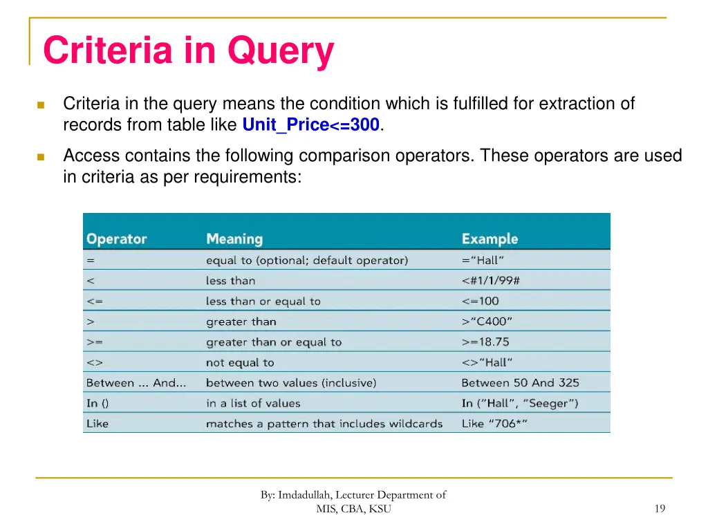 criteria in query