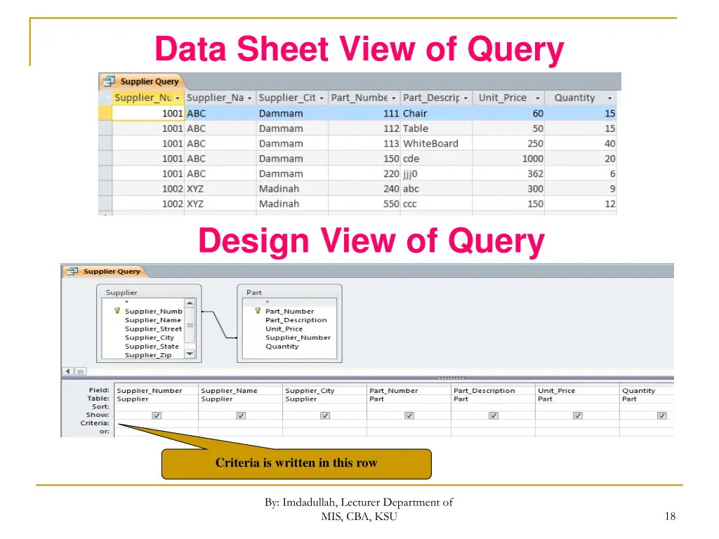 data sheet view of query