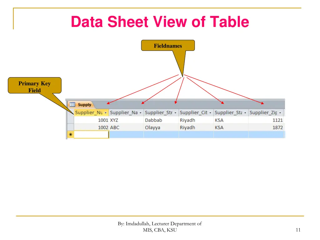 data sheet view of table