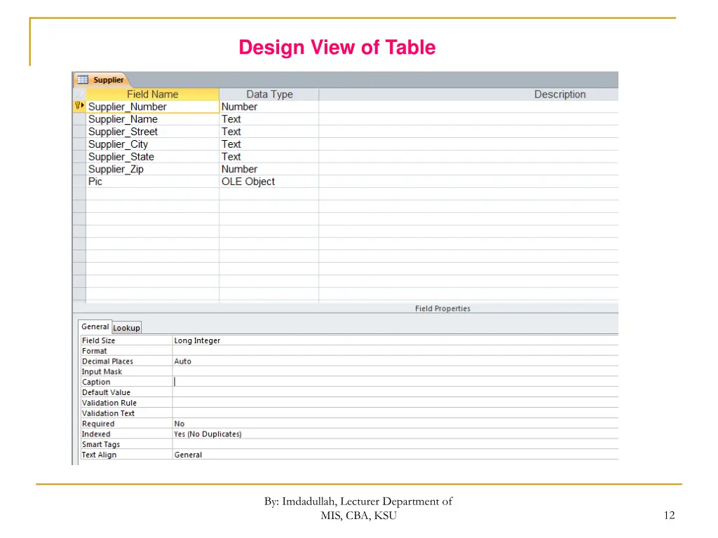 design view of table