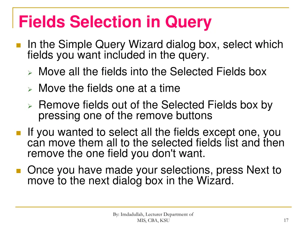 fields selection in query