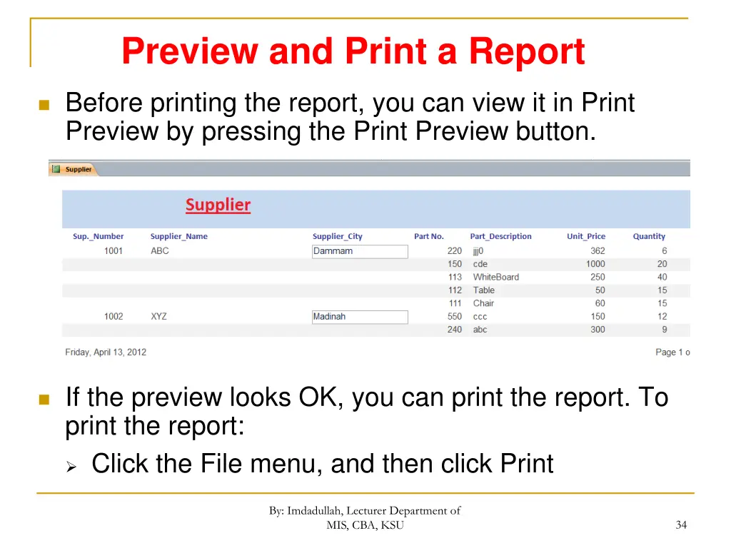 preview and print a report