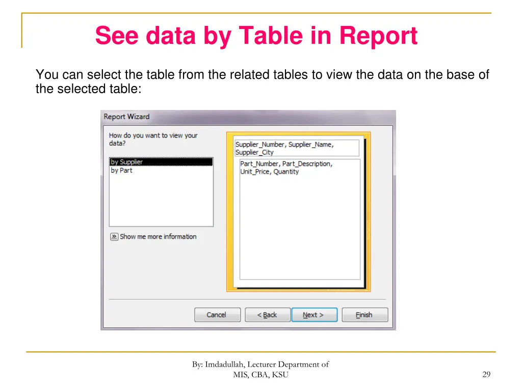 see data by table in report