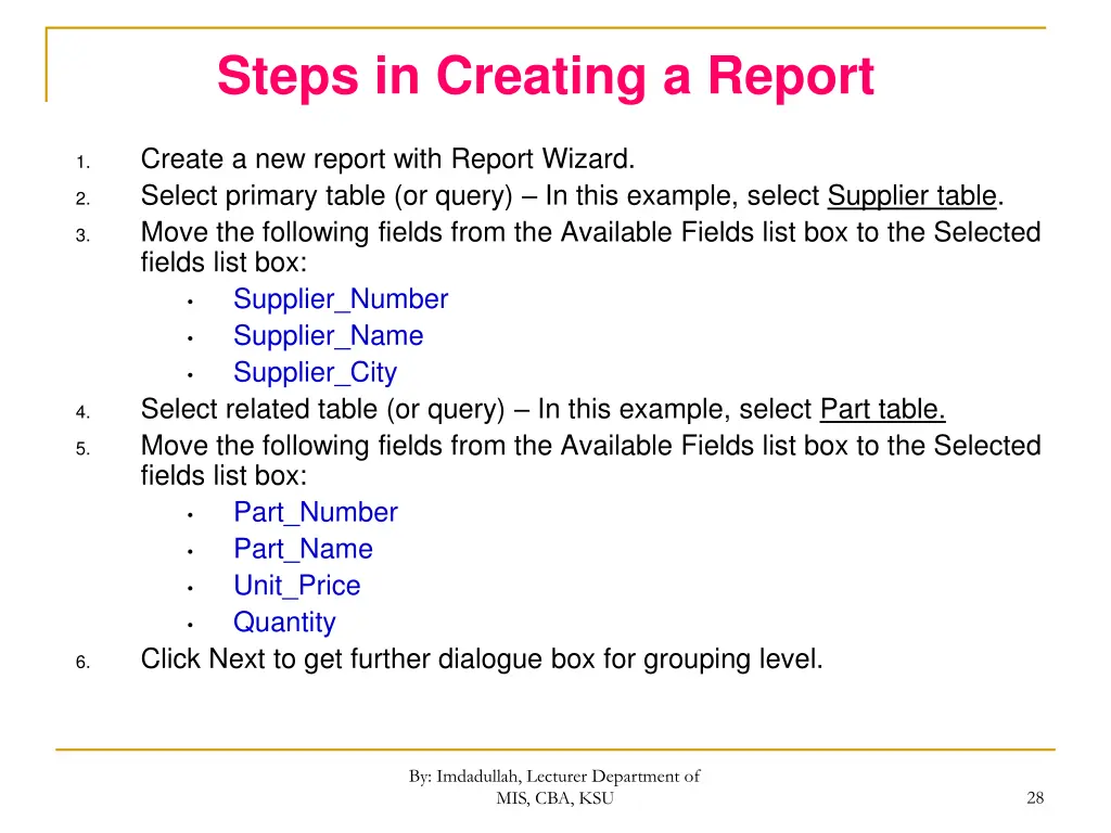 steps in creating a report