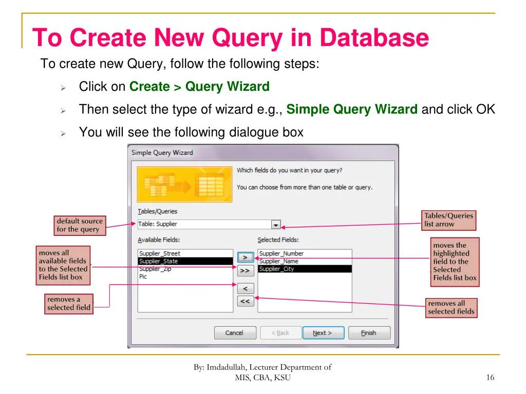 to create new query in database to create