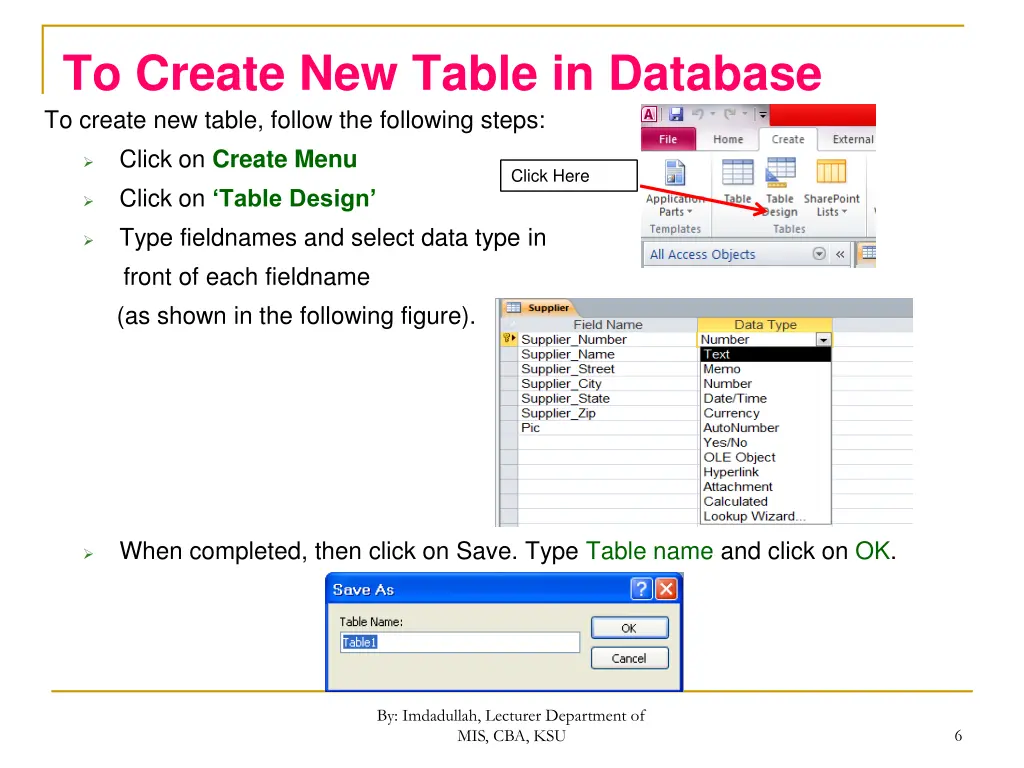 to create new table in database to create