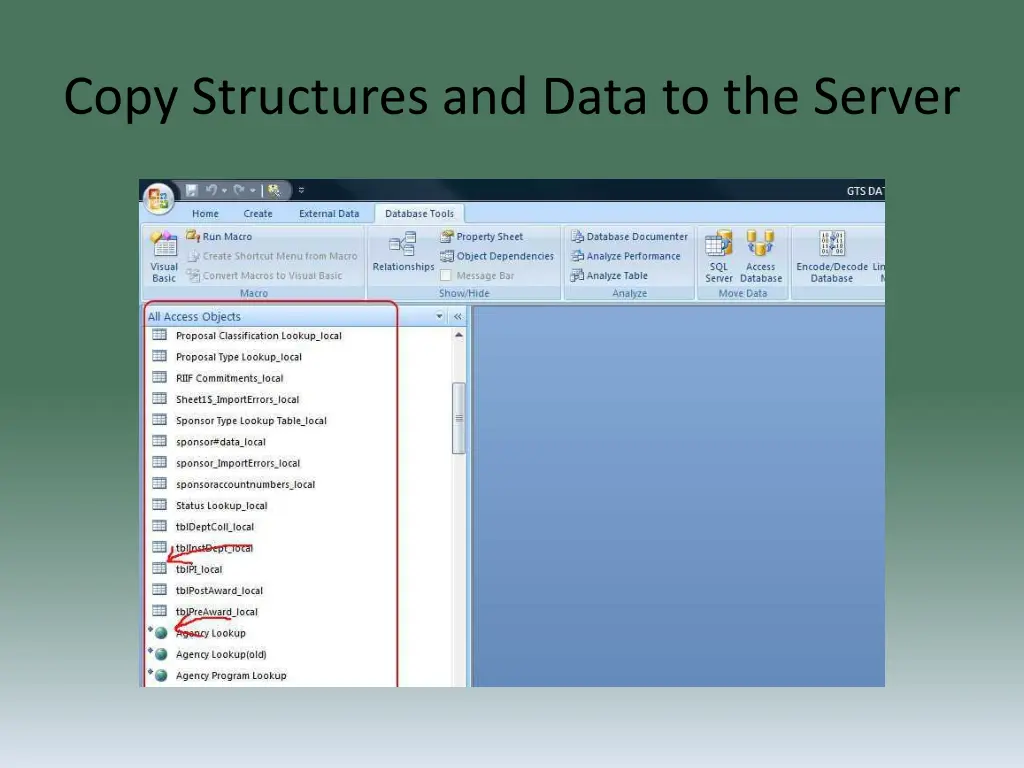 copy structures and data to the server 7