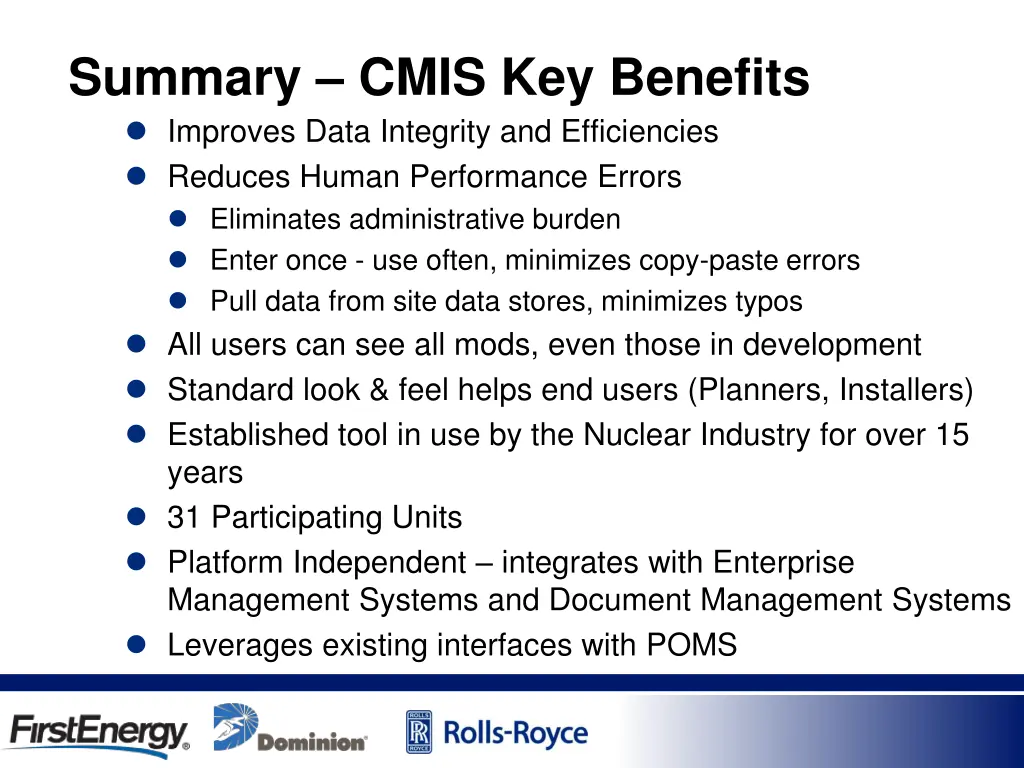 summary cmis key benefits improves data integrity