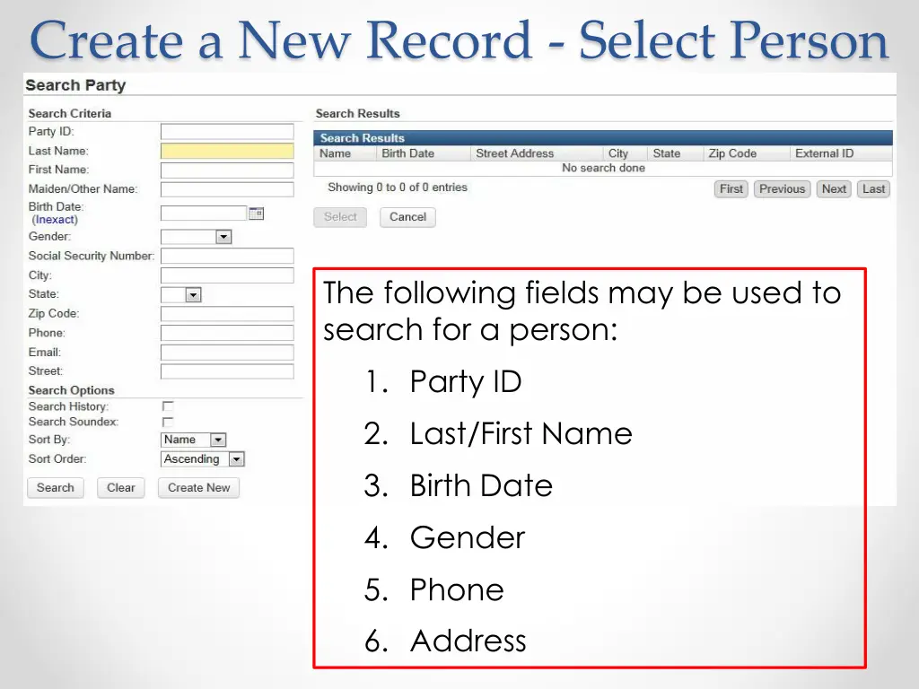 create a new record select person