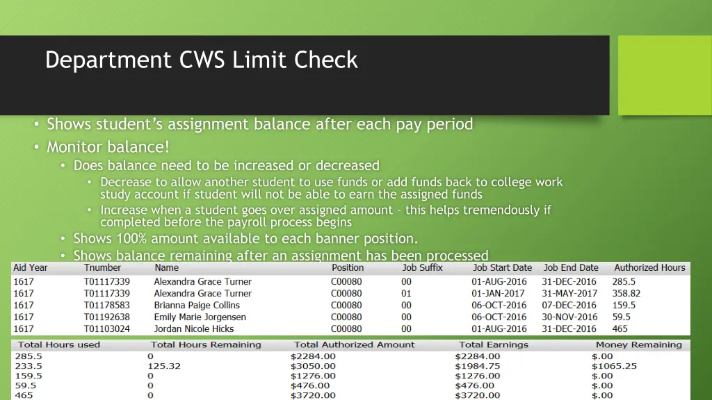 department cws limit check