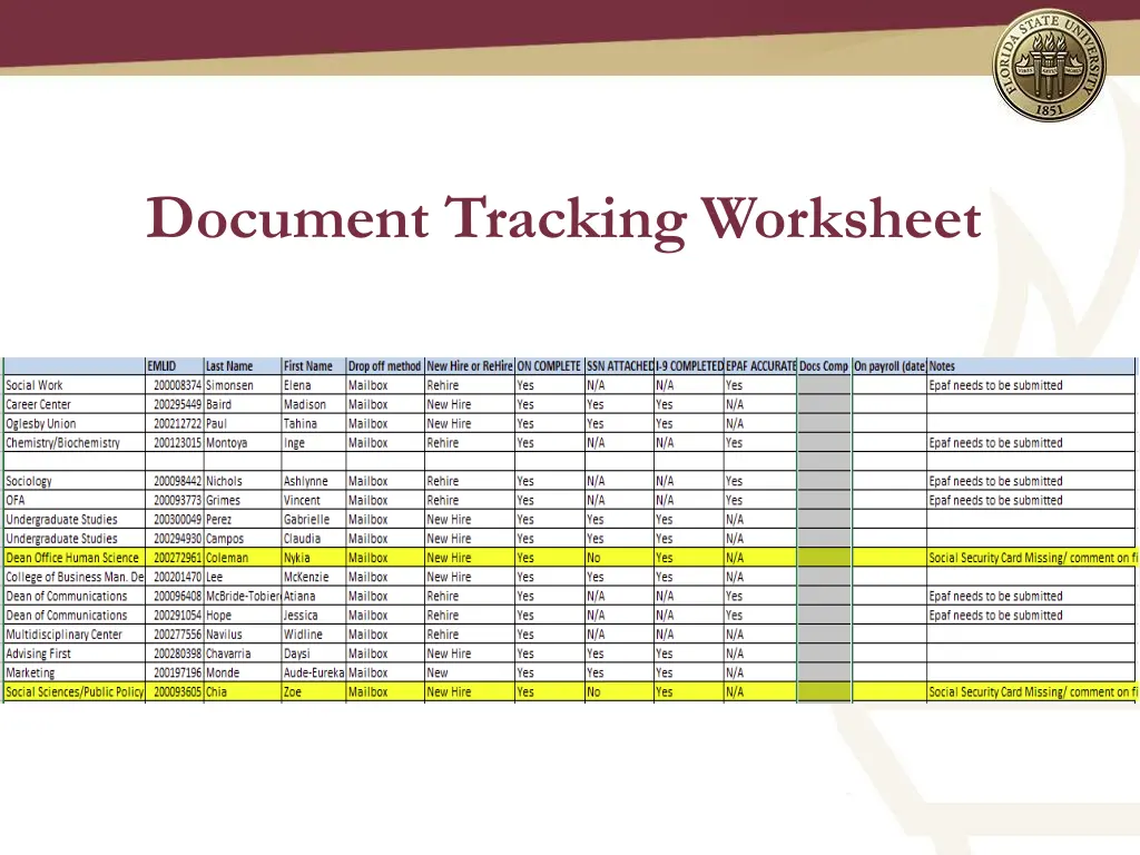 document tracking worksheet