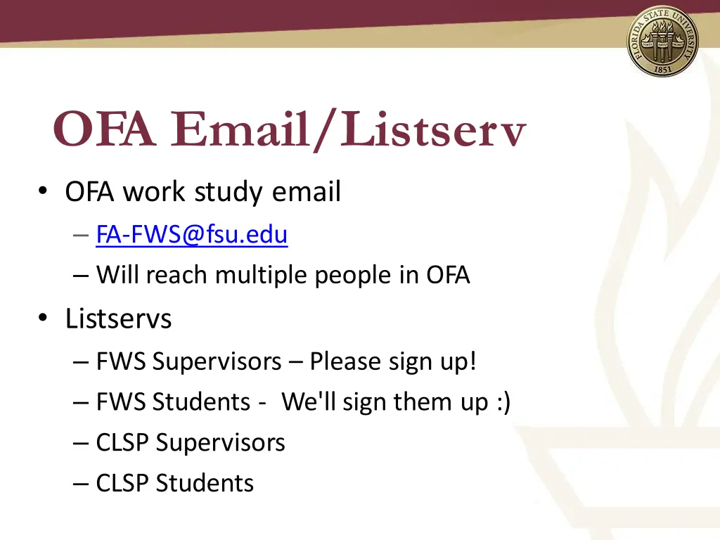 ofa email listserv ofa work study email