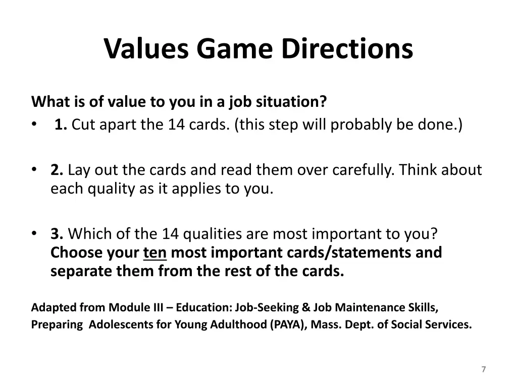 values game directions