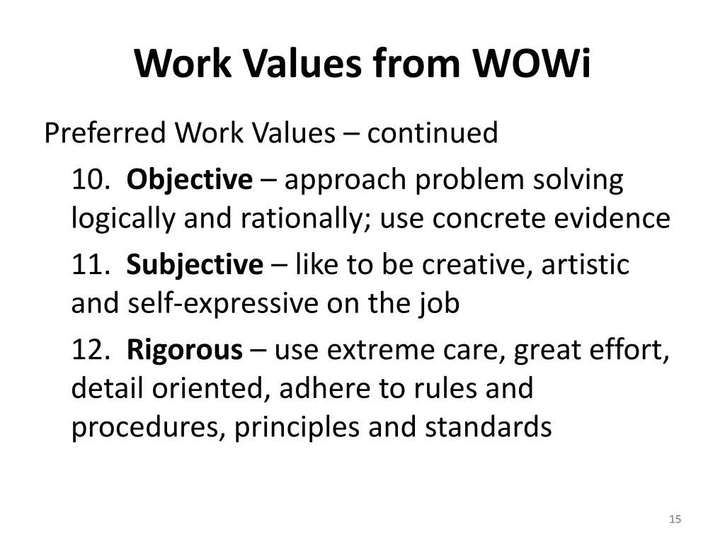 work values from wowi 1