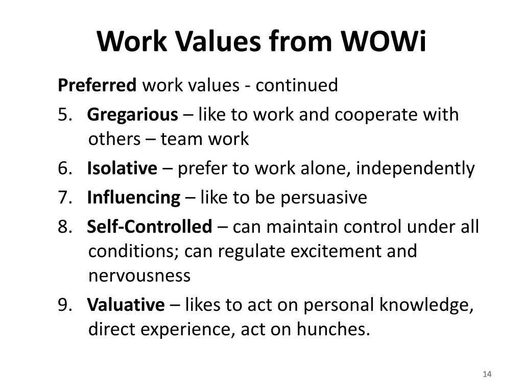 work values from wowi