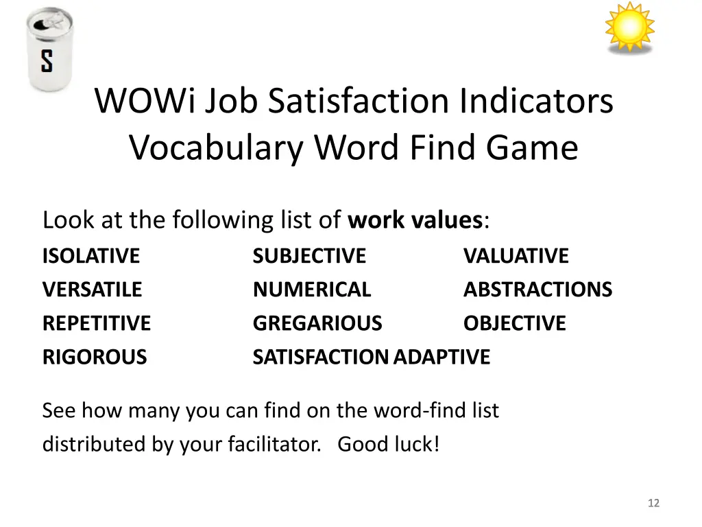 wowi job satisfaction indicators vocabulary word