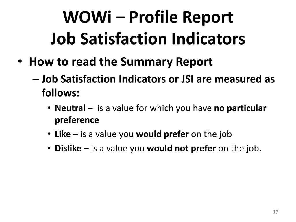 wowi profile report job satisfaction indicators 1