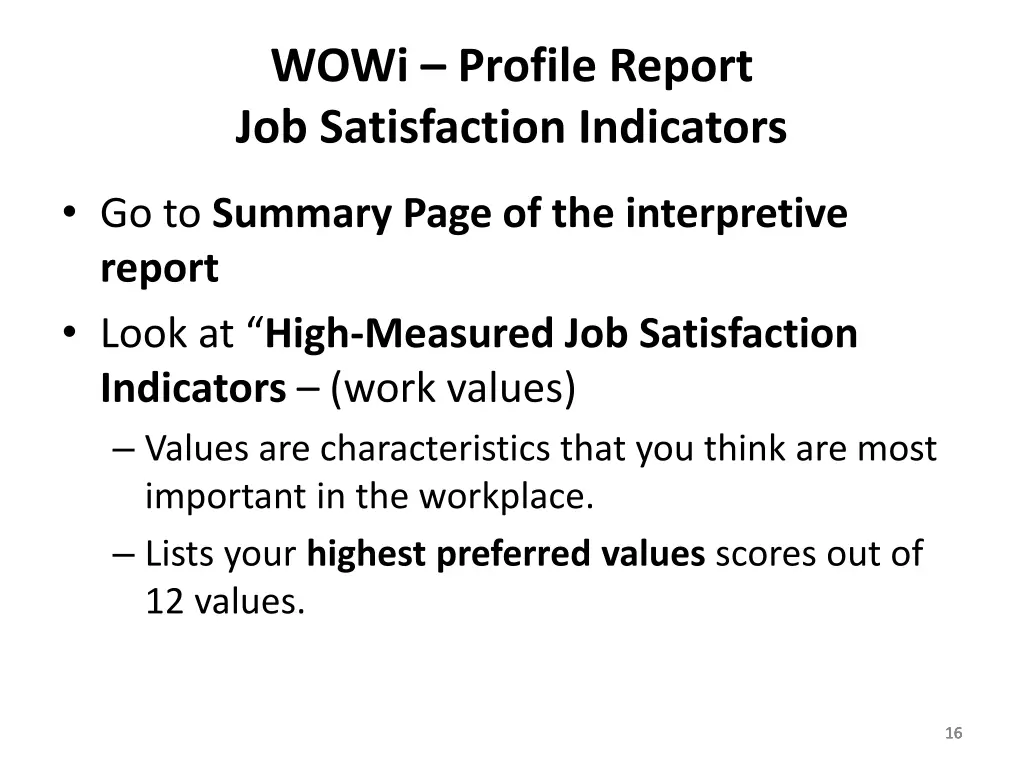 wowi profile report job satisfaction indicators