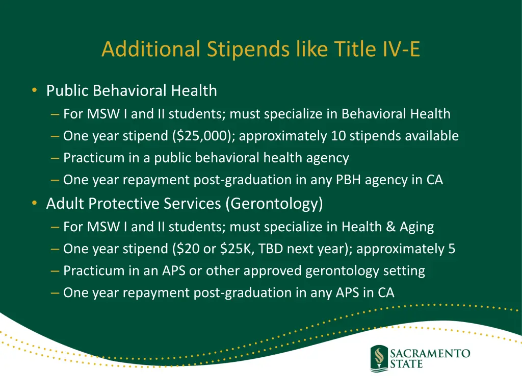 additional stipends like title iv e