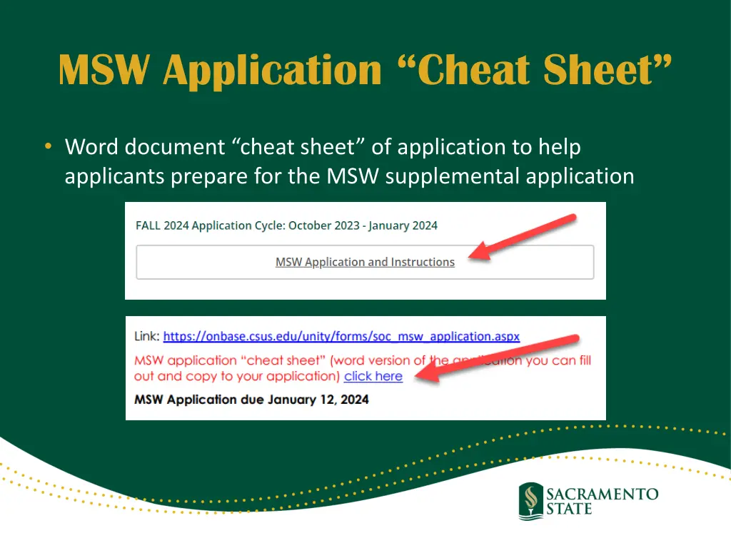 msw application cheat sheet