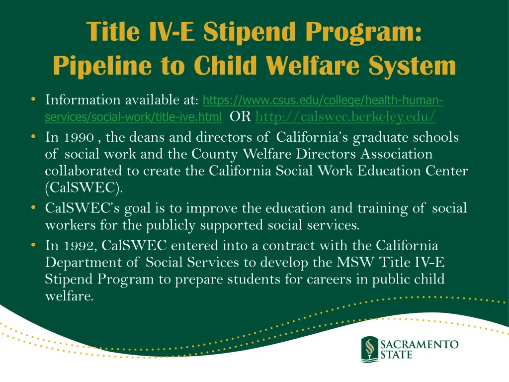 title iv e stipend program pipeline to child