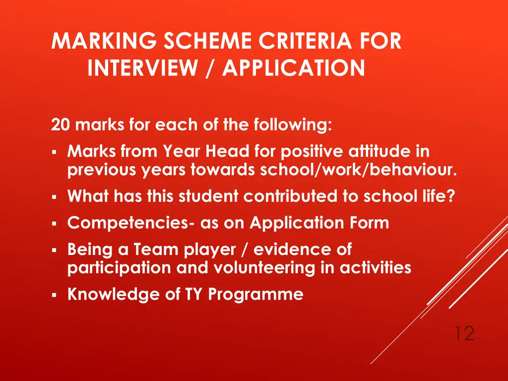 marking scheme criteria for interview application