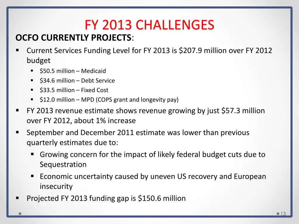 fy 2013 challenges