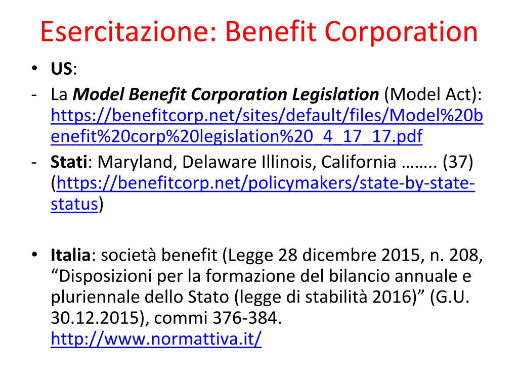 esercitazione benefit corporation us la model