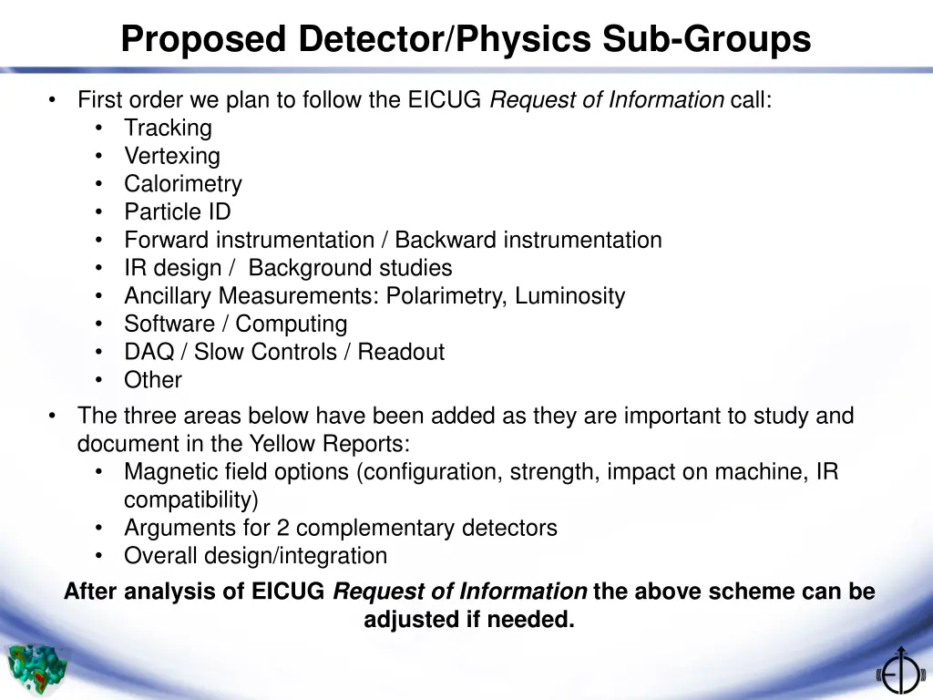 proposed detector physics sub groups