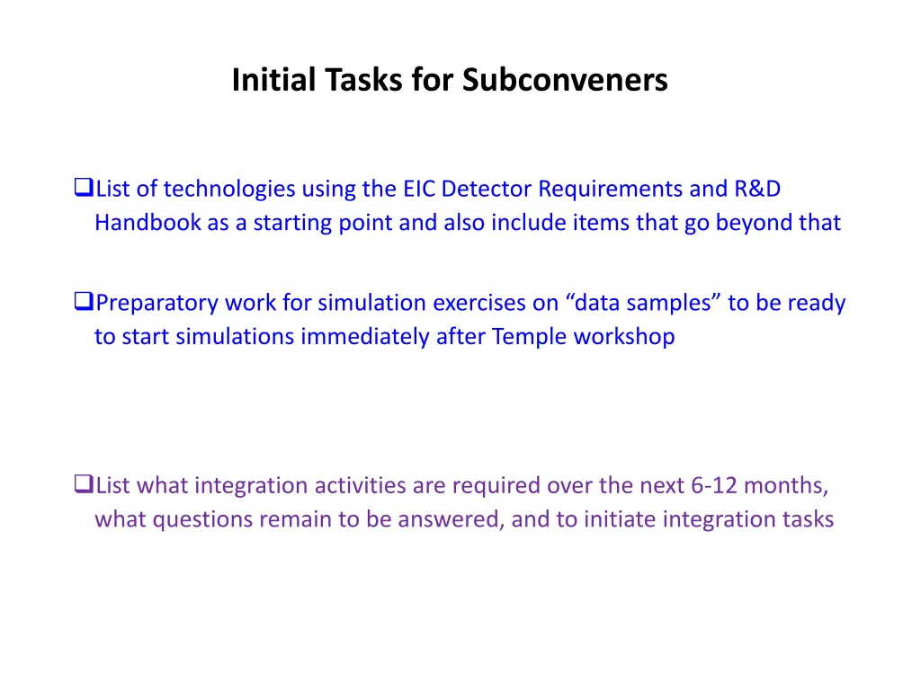 initial tasks for subconveners