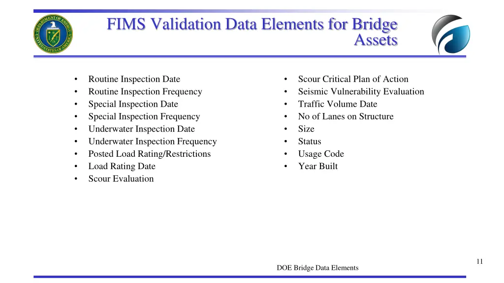 fims validation data elements for bridge