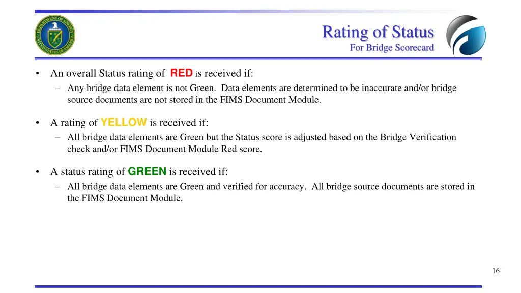 rating of status for bridge scorecard