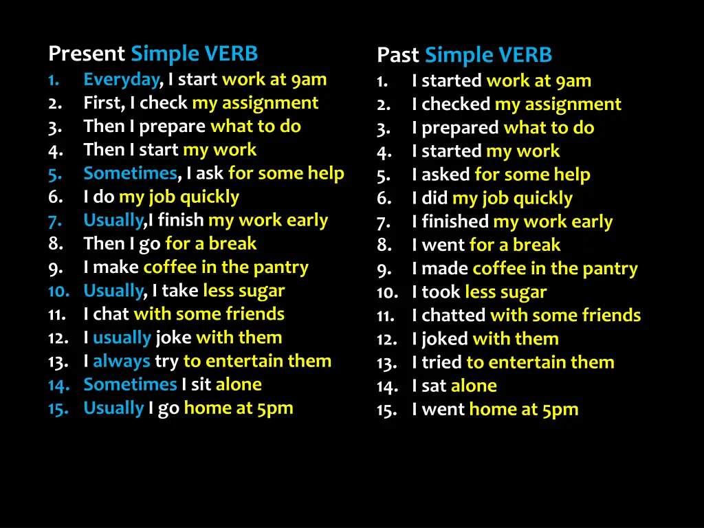 present simple verb 1 everyday i start work