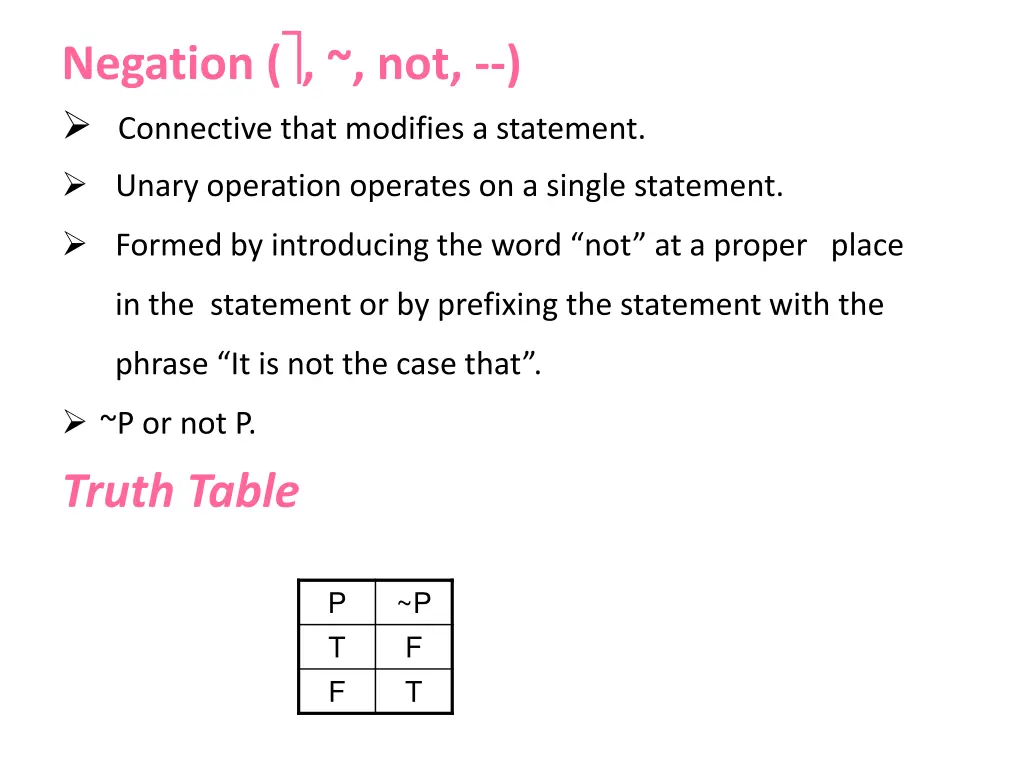 negation not connective that modifies a statement