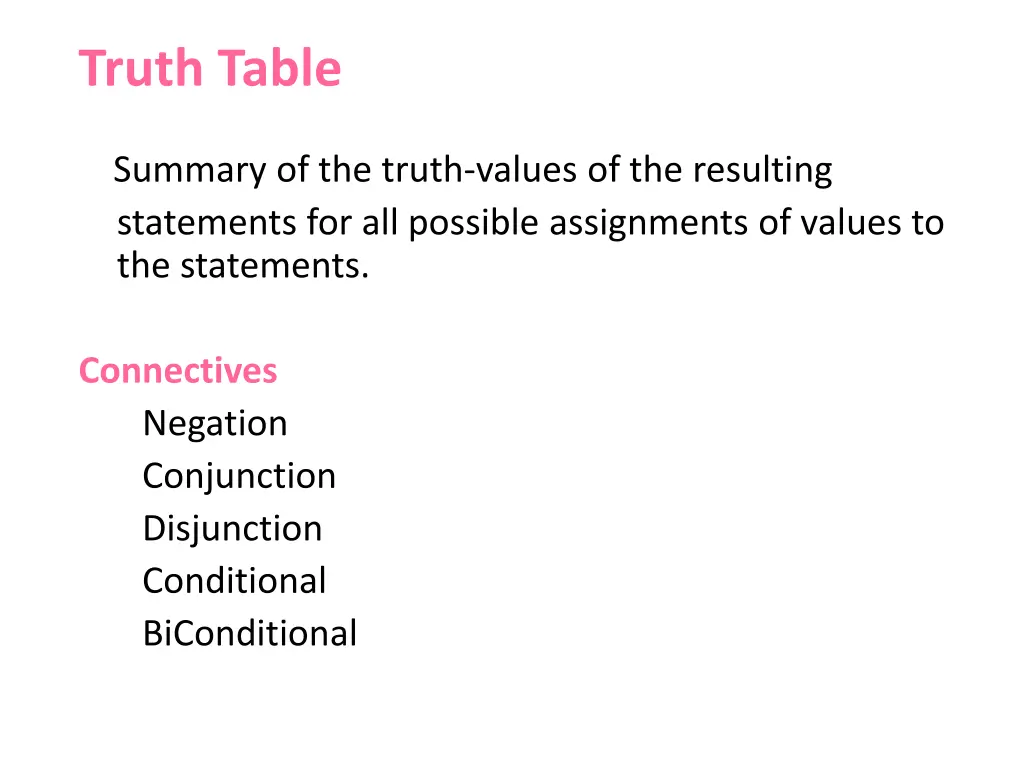 truth table summary of the truth values