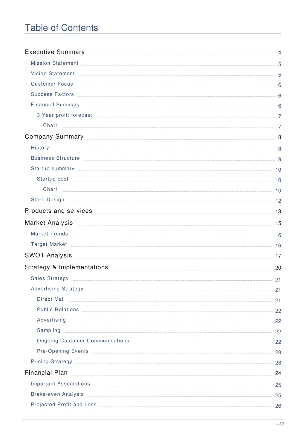 table of contents