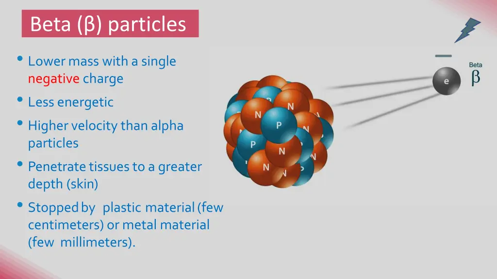 beta particles lower mass with a single negative