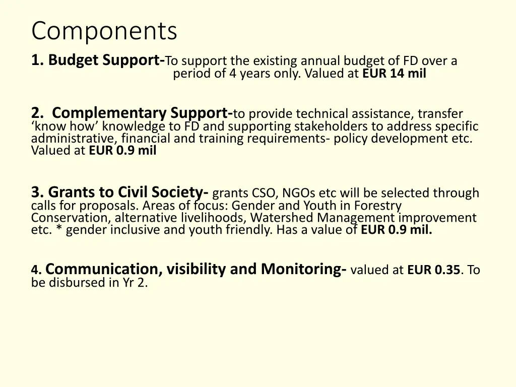 components 1 budget support to support