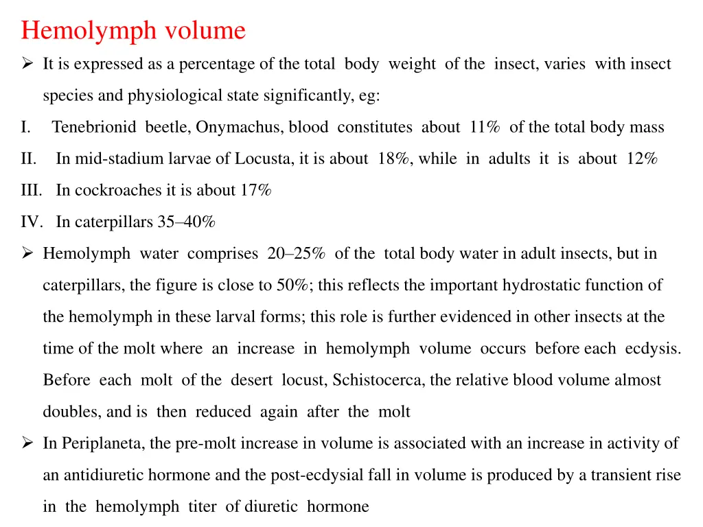 hemolymph volume it is expressed as a percentage