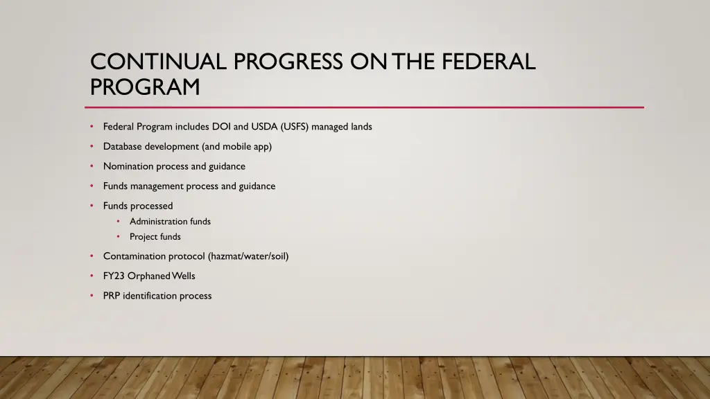 continual progress on the federal program