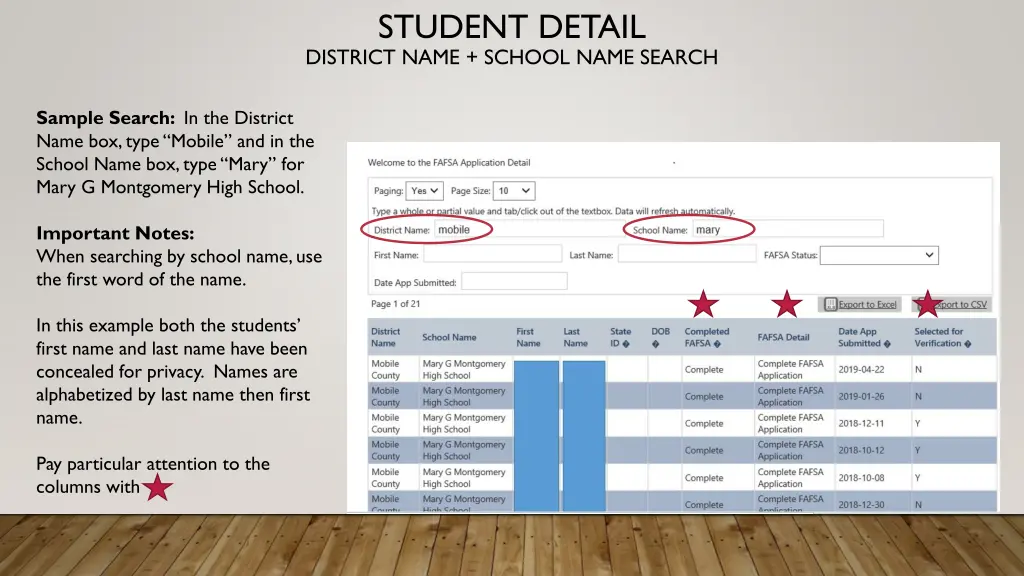 student detail district name school name search