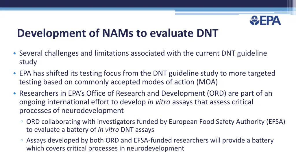 development of nams to evaluate dnt