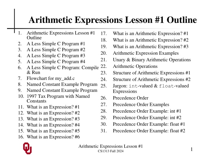 arithmetic expressions lesson 1 outline